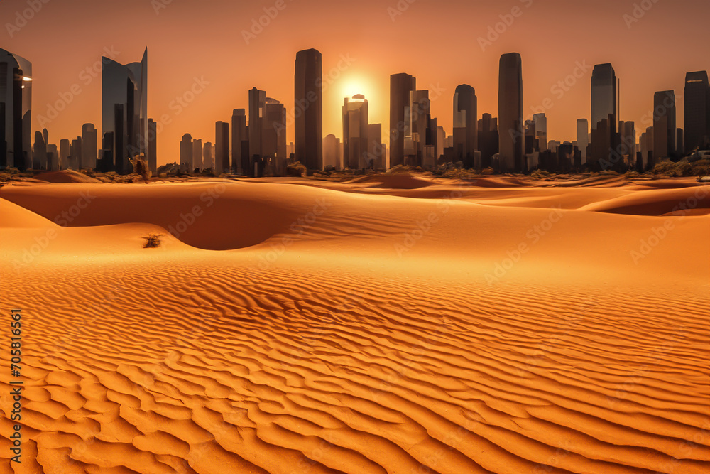 Desert against backdrop of city with skyscrapers buildings. City in desert. Cityscape of buildings in Desert with dunes. Global drought. City metropolis at sand dunes. Water crisis, Climat change. - obrazy, fototapety, plakaty 
