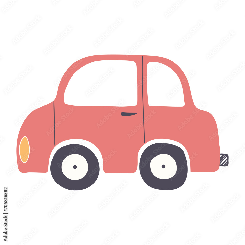 Cute car illustration. Hand drawn cartoon vector, isolated. Flat style design. Kids print element, transport, travel, technology