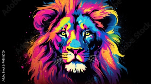 Colorful Lion head on dark background. Generative AI