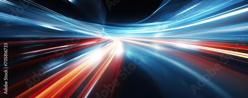 Dynamic and futuristic background with orange and blue glowing neon waves, data technology