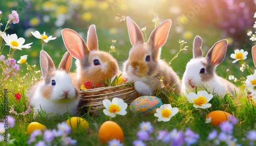 rabbits art design of cute little easter bunnies in the meadow