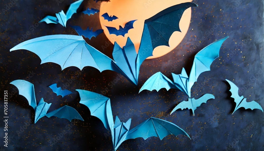 halloween image of blue paper bats flying up on dark blue background - obrazy, fototapety, plakaty 