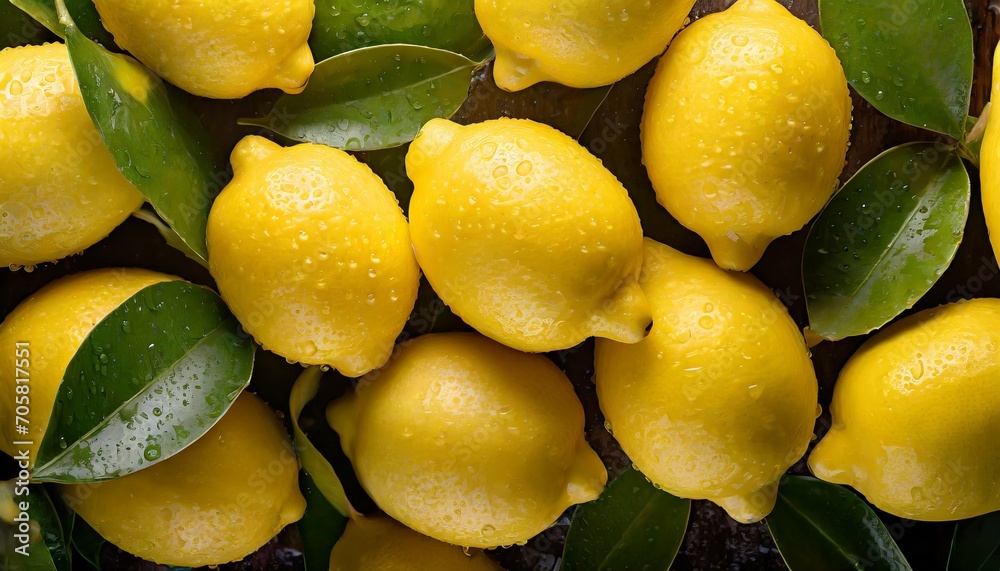 overhead shot of lemons with visible water drops close up
