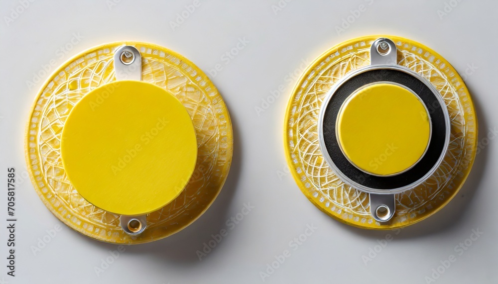 yellow circle pin badge mockup and copy space on white background - obrazy, fototapety, plakaty 