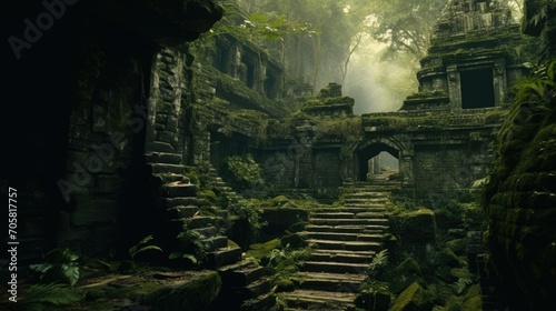 Ruins of an old lost city in the middle of the jungle. Ancient world concept. Architecture of past centuries. Nature has defeated civilization. Historical archaeological find. Green buildings.
