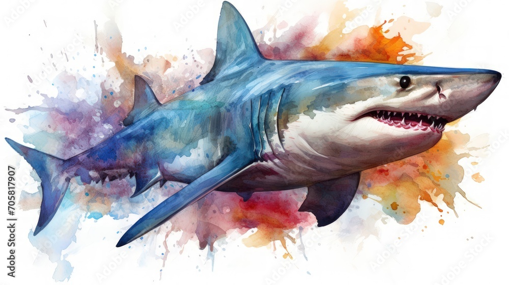 Watercolor painting illustration of colorful Shark on white background. Generative AI - obrazy, fototapety, plakaty 