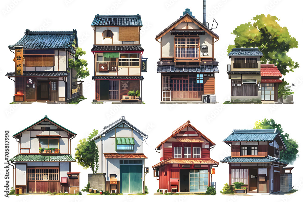 Image set of beautiful residential houses, anime style, warmth, white background, illustrations, Generative AI Image set of beautiful residential houses, anime style, warmth, white background, illustrations, Generative AI