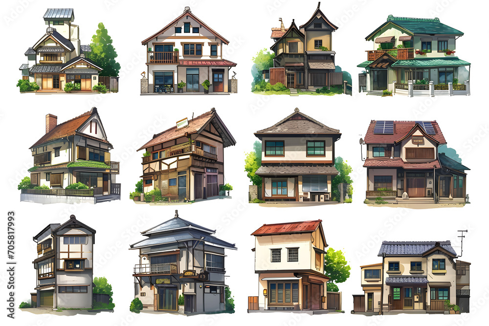 Image set of beautiful residential houses, anime style, warmth, white background, illustrations, Generative AI