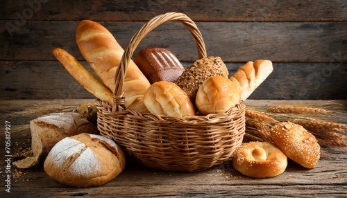 variety of bread in wicker basket on old wooden background