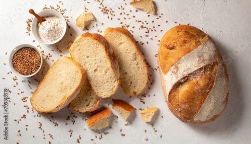 sliced bread on white background crumbs and fresh bread slices close up bakery food concept top view