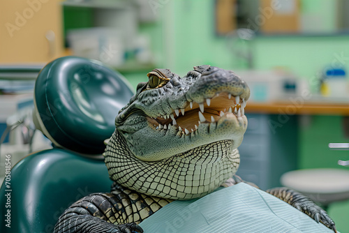 creative advertising for a dental clinic. Crocodile at the dentist photo