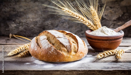 bread with wheat ears and bowl of flour