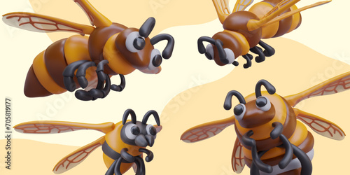 Realistic composition with different flying hornets and wasp on yellow background. Dangerous bug searching for flower. Vector illustration in 3d style