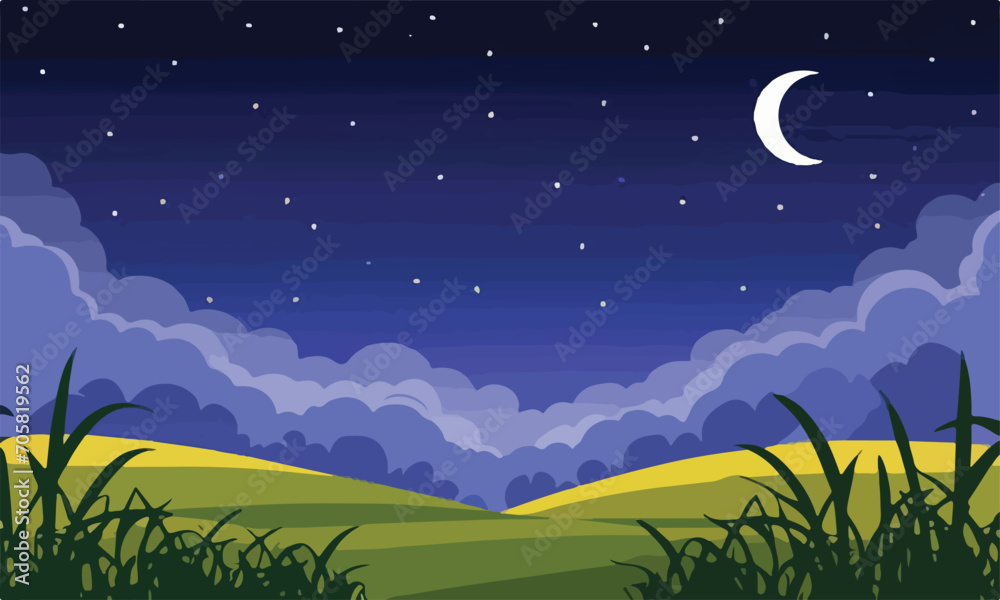 Blank meadow landscape scene at night time, illustration