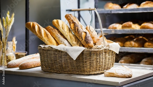bread baguettes in basket at baking shop