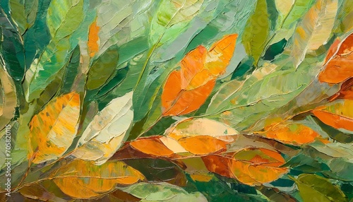 closeup of abstract rough orange green organic autumnal fallen leaves or waves art painting texture with oil acrylic brushstroke pallet knife paint on canvas wallpaper