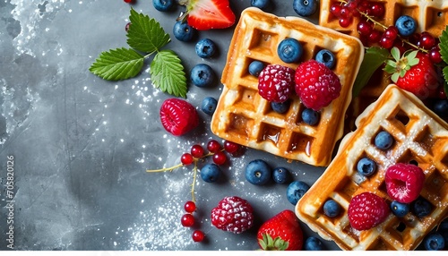 Homemade square belgian waffles with fresh ripe berries blueberry, raspberry, red currant over gray texture background, perfect for a homemade summer breakfast. ai art