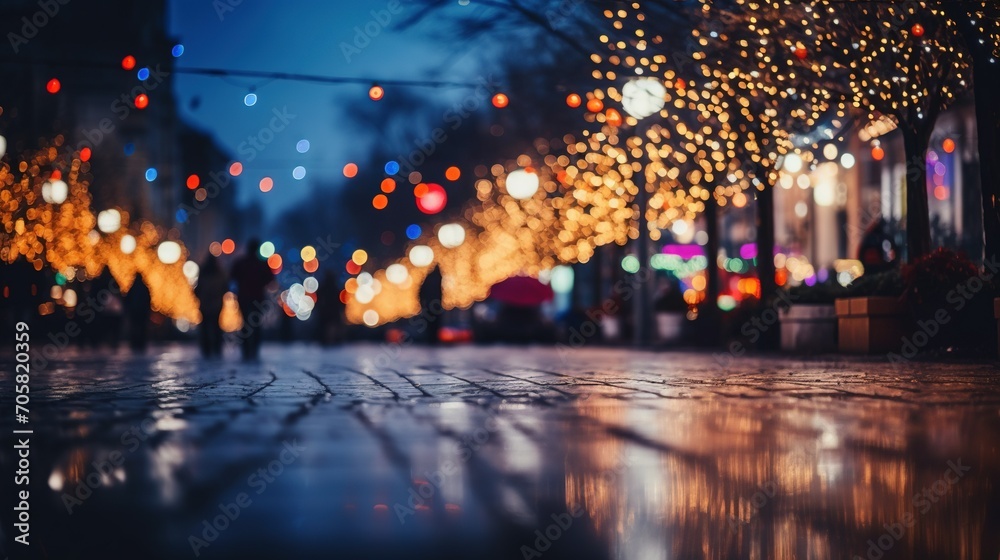 Bokeh background for a web banner, highlighting a festive city street adorned with colorful lights during a celebration - obrazy, fototapety, plakaty 