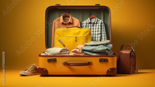 Wanderlust Dreams: Packed Suitcase with Travel Essentials on Vibrant Yellow Background, Ready for Adventure and Holiday Getaway Planning.