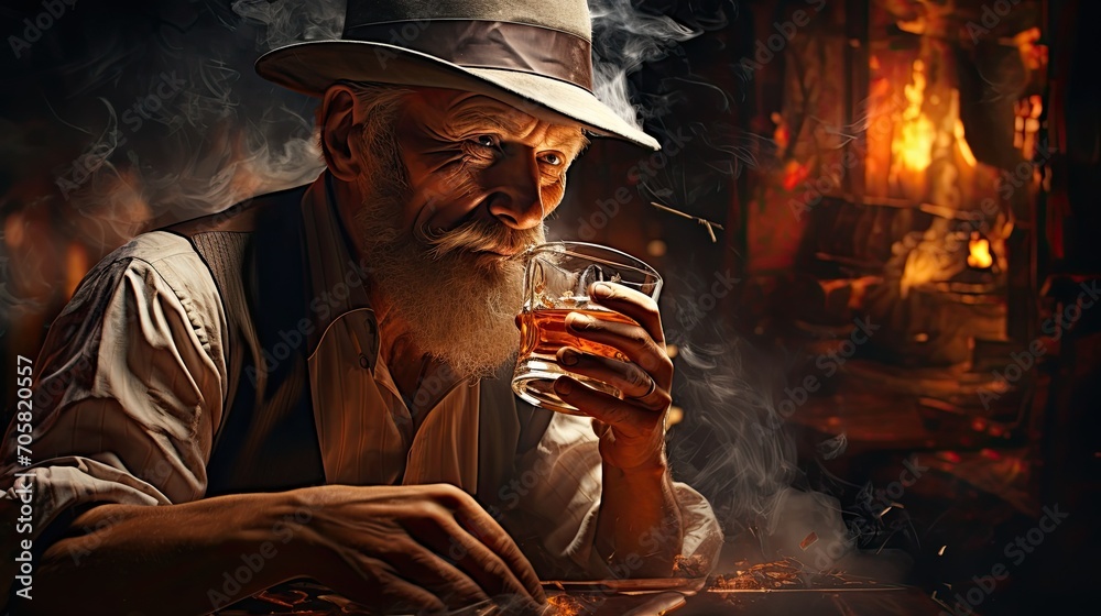 man drinks whiskey and smokes a cigar