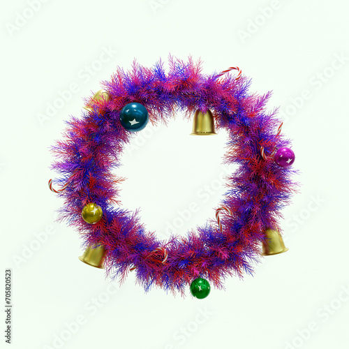 Vibrant purple Christmas wreath with decorative bells and balls isolated on white background. 3d illustratiom
