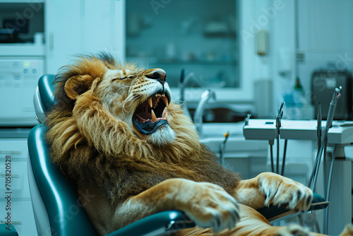 
creative advertising for a dental clinic. lion at the dentist photo