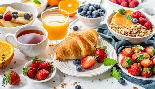 healthy breakfast eating concept various morning food pancakes waffles croissant oatmeal sandwich and granola with yogurt fruit berries coffee tea orange juice white background