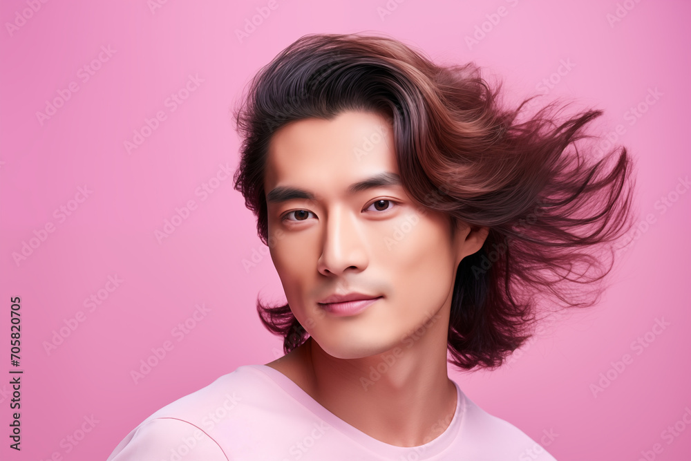 Handsome Asian Man contented expression and healthy long wavy hair against pink background
