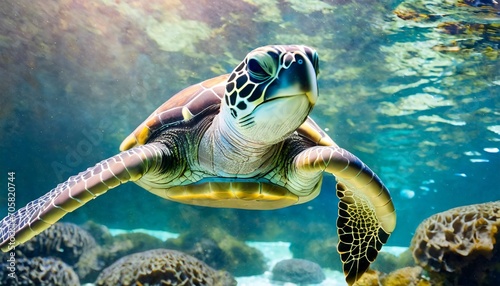 portrait of a happy sea turtle swimming underwater generative ai
