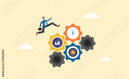 a businessman jumps for the sake of achieving Effectiveness, efficiency or productivity for better results, improving performance or processes, development or business management concept.