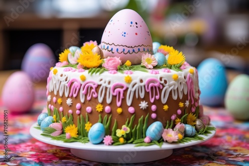An exquisitely decorated Easter cake  adorned with colorful sugar eggs and vibrant floral fondant  captures the essence of spring celebrations