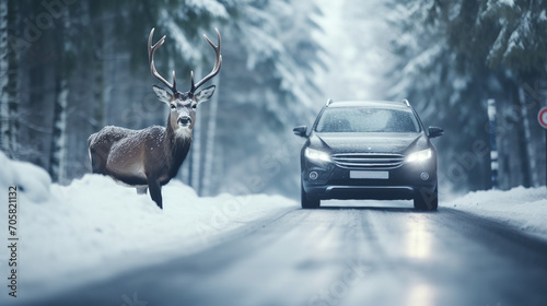 beautiful noble deer with big horns crossing asphalt snowy road in front of car in winter forest