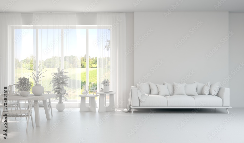 Contemporary classic white interior with furniture and decor and summer landscape in window. Scandinavian interior design. 3D illustration Contemporary classic white interior with furniture and decor and summer landscape in window. Scandinavian interior design. 3D illustration
