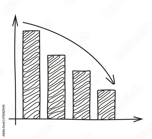 Downward histogram. Chart, graph vector in doodle style. Approximation, statistics