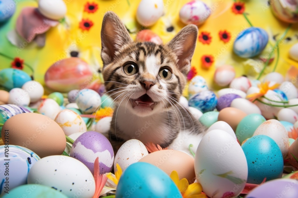 An adorable kitten looks surprised among a festive array of colorful Easter eggs and spring flowers