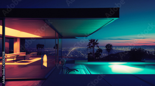 Tableau sur toile luxury hilltop house with city skyline at sunset with an underlit pool