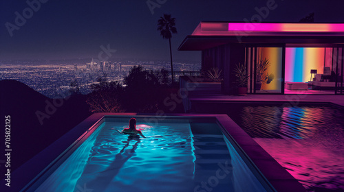Photographie luxury hilltop house with city skyline at sunset with an underlit pool
