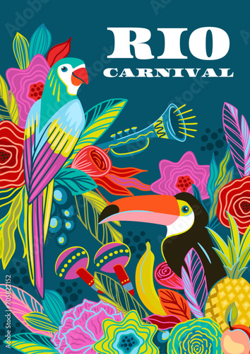 Template with flowers, fruits, birds, musical instruments. Brazil carnival. Vector design for carnival concept and other