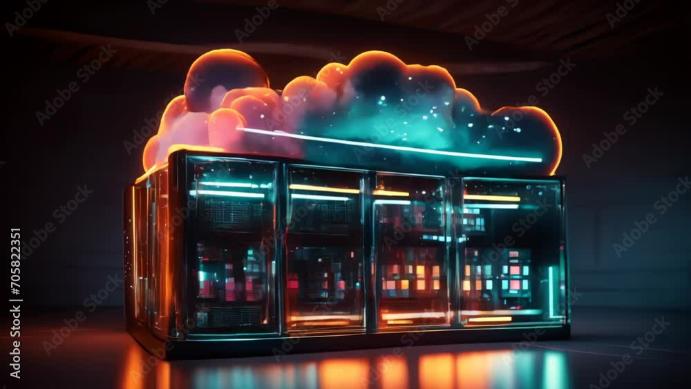 Conceptual animation visualization of cloud computing with neon cloud design and server rack, highlighting data transfer and storage technology in the digital age
