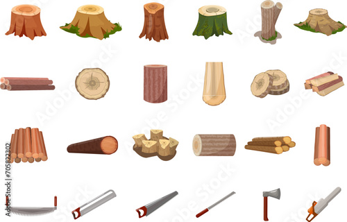 Deforestation icons set cartoon vector. Dead forest. Wood plant industry