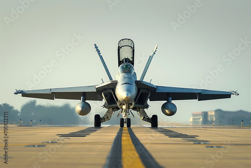 avion de chasse militaire F-18 de face sur la piste au moment du décollage photo