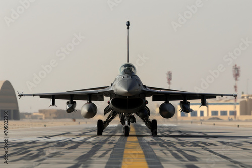 avion de chasse militaire F-16 de face sur la piste au moment du décollage photo