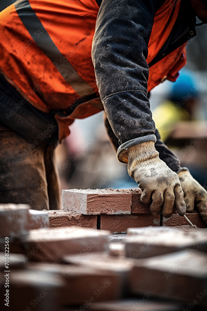 Bricklayer industrial worker installing brick masonry Bricklayer industrial worker installing brick masonry