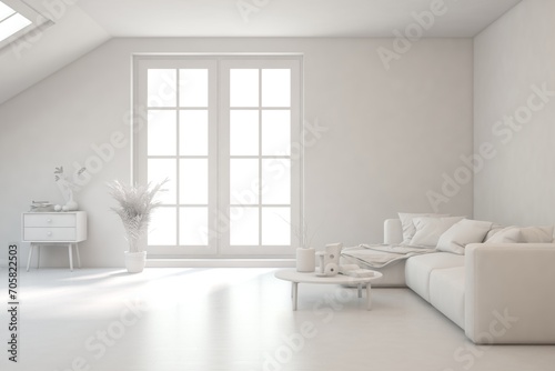 White living room with sofa. Scandinavian interior design. 3D illustration