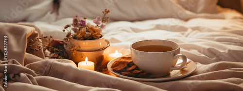 breakfast in bed with coffee and croissants