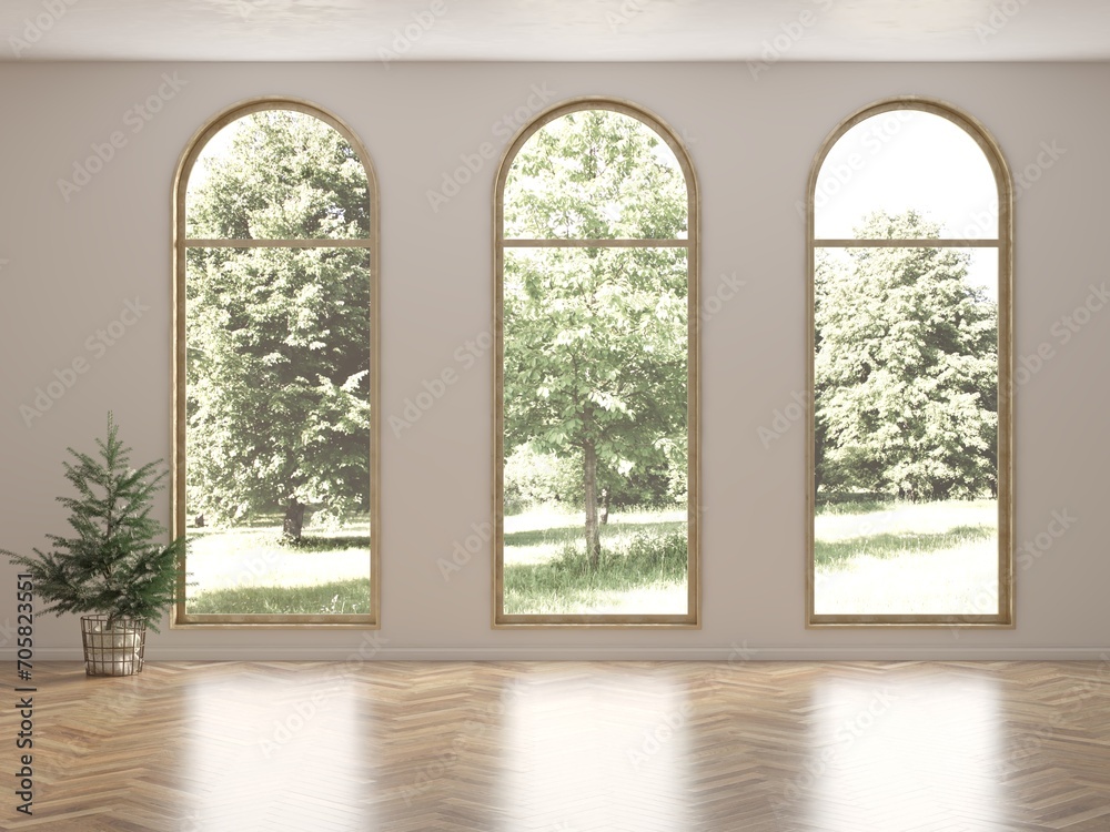 Fototapeta premium White empty room with summer landscape in window. Scandinavian interior design. 3D illustration