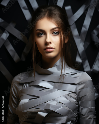 portrait of a woman, Picture, Stunning Young Lady, Tape Bandages, Discriminatory Attitude, Women, Speech Not Allowed, Fraud, At Home, Solitary, Backdrop, Gray Walls, Silence, Oppression, Restriction, 