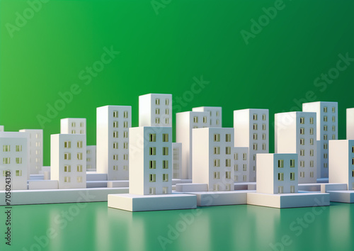 Ecologically pure city district. White carton residential buildings in front green background. Miniature of residential area. Real estate banner.  photo