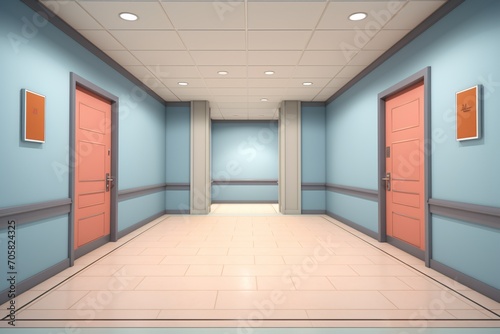 Empty hallway with blue walls and pink doors Generative AI