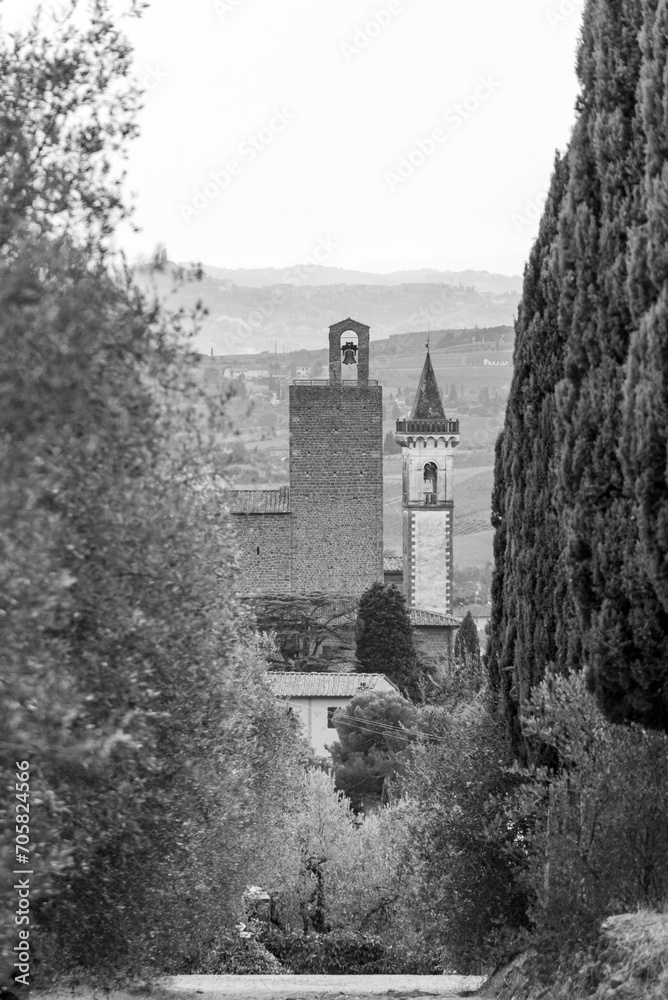 The Holy Cross church tower in Vinci, Italy, baptismal church of genius Leonardo da Vinci